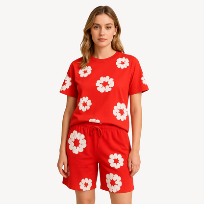 Set Unisex T-Shirt e Pantaloncini con Motivo Floreale