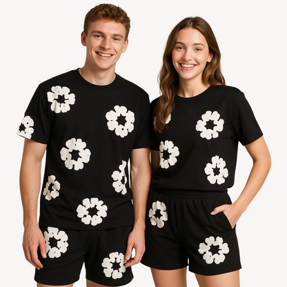 Set Unisex T-Shirt e Pantaloncini con Motivo Floreale